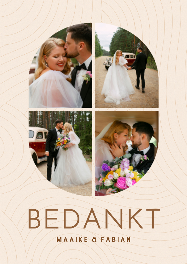 Moderne fotocollage trouwkaart bedankt beige met lijnen - Trouwkaarten Trouwkaarten - Moderne fotocollage trouwkaart bedankt beige met lijnen