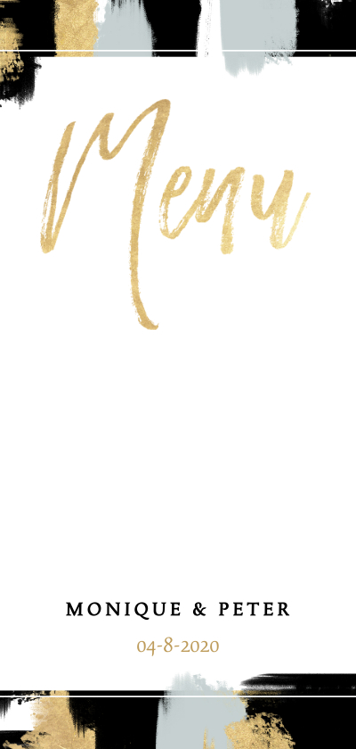 Moderne menukaart met verfstrepen en gouden typografie - Trouwkaarten Trouwkaarten - Moderne menukaart met verfstrepen en gouden typografie