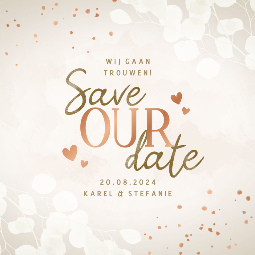 Trouwkaarten - Moderne save the date eucalyptus, koper spetters en hartjes