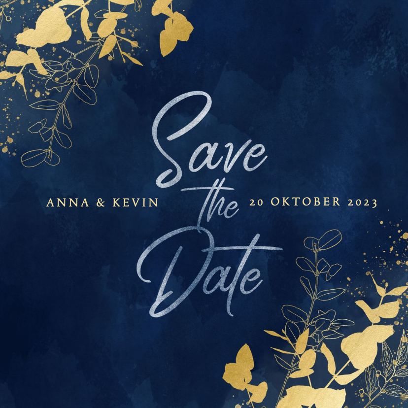 Moderne save the date kaart blauwe waterverf gouden planten - Trouwkaarten Trouwkaarten - Moderne save the date kaart blauwe waterverf gouden planten