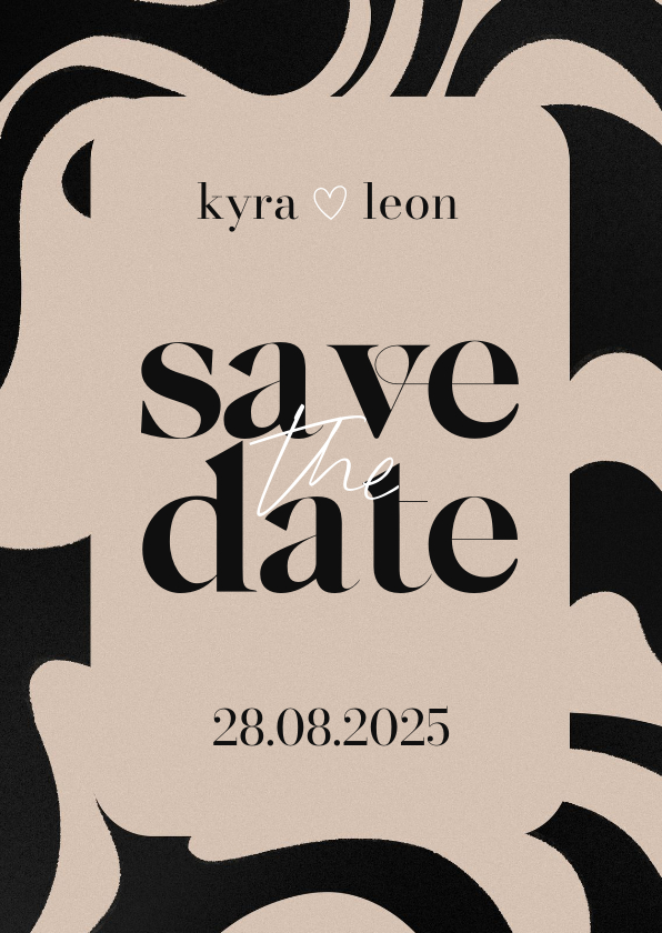 Trouwkaarten - Moderne save the date kaart zwarte swirls beige achtergrond