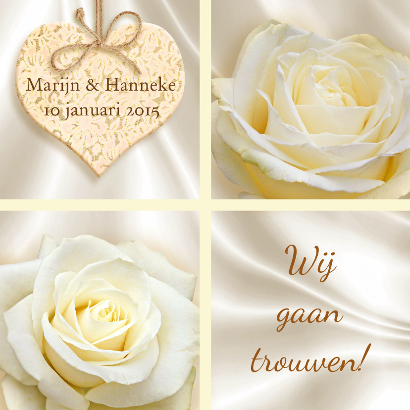 Mooie klassieke trouwkaart met witte rozen op zijde - Trouwkaarten Trouwkaarten - Mooie klassieke trouwkaart met witte rozen op zijde