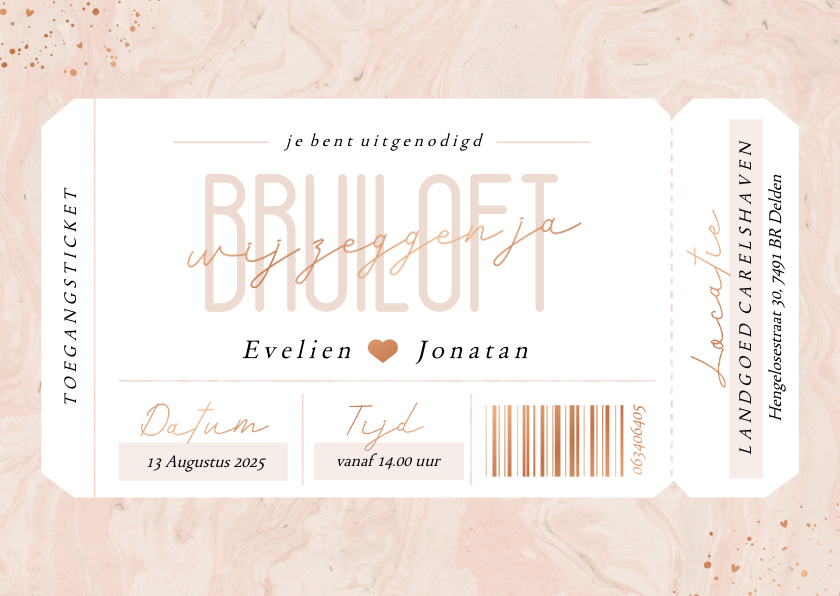 Trouwkaarten - Mooie uitnodiging bruiloft ticket op roze marmer met koper