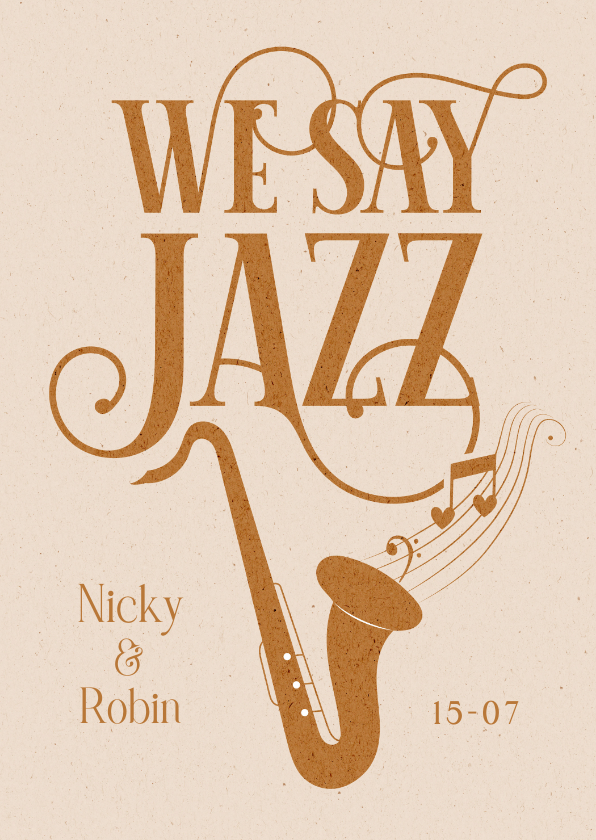 Trouwkaarten - Muziek trouwkaart saxofoon en jazzy vintage typografie 