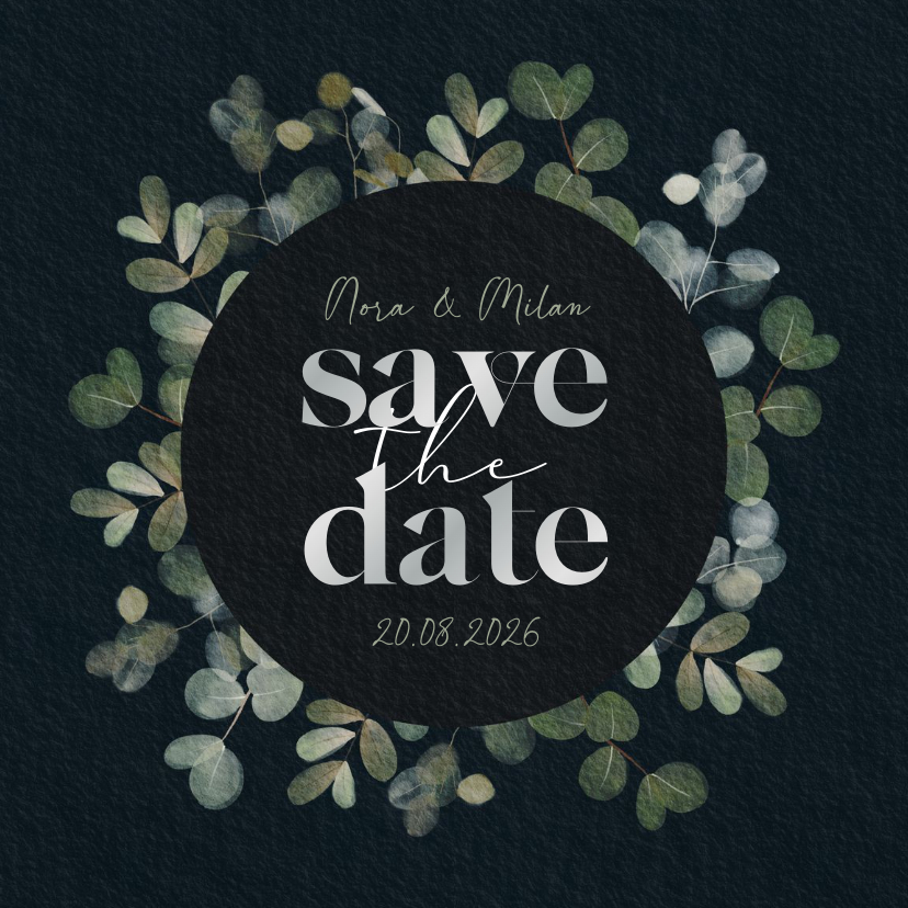 Trouwkaarten - Natuurlijk Save the Date kaart eucalyptus takjes zilverfolie