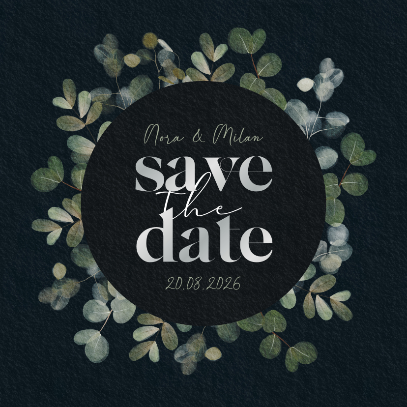 Natuurlijk Save the Date kaart eucalyptus takjes zilverfolie - Trouwkaarten Trouwkaarten - Natuurlijk Save the Date kaart eucalyptus takjes zilverfolie