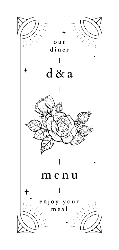 Originele menukaart met tattoo stijl bloemen - Trouwkaarten Trouwkaarten - Originele menukaart met tattoo stijl bloemen