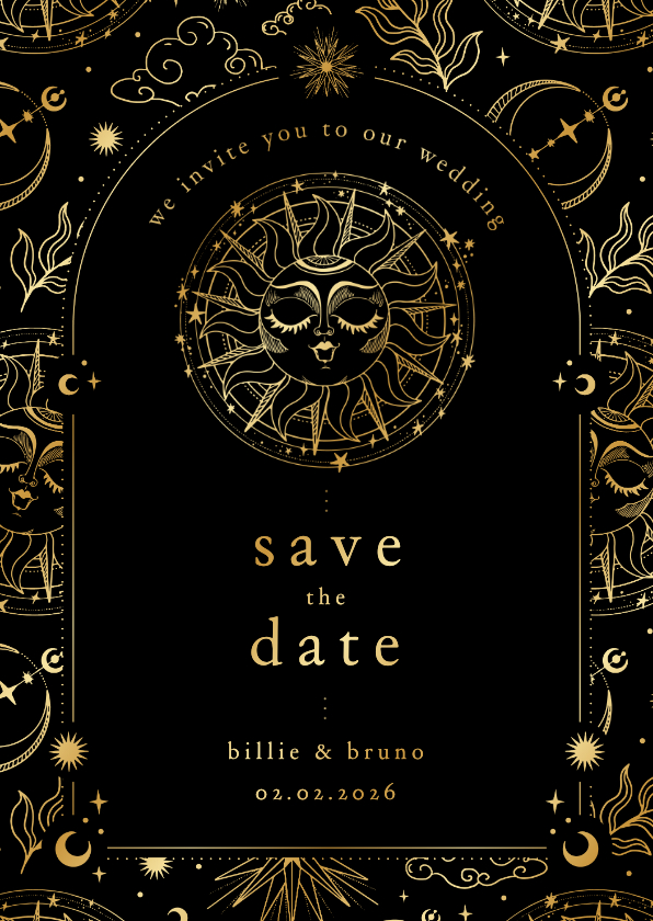 Originele save the date kaart astrologie zon met goudfolie - Trouwkaarten Trouwkaarten - Originele save the date kaart astrologie zon met goudfolie