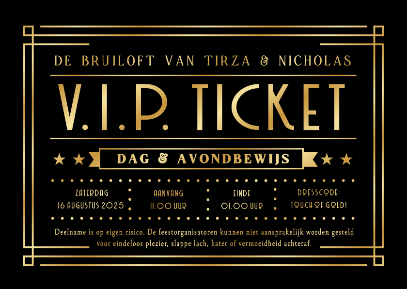 Trouwkaarten - Originele VIP-ticket uitnodiging bruiloft met zwart en goud