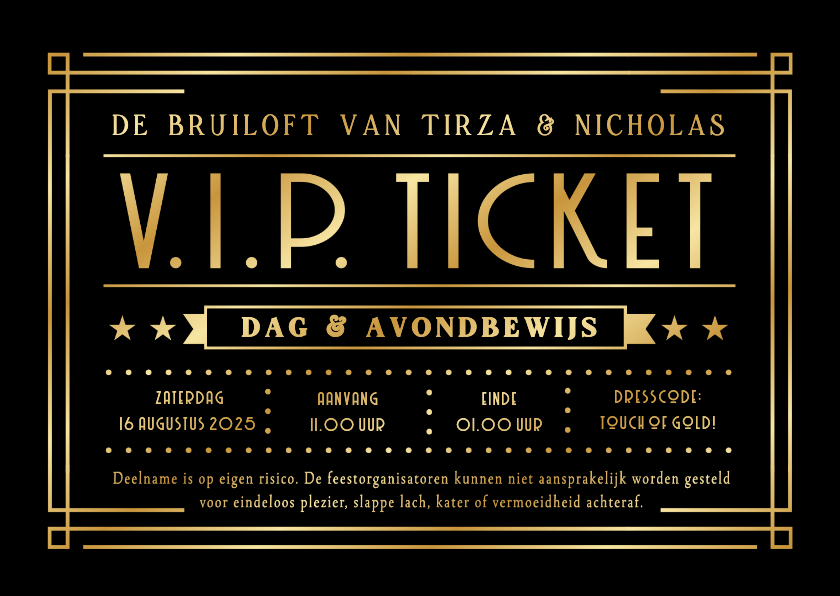 Trouwkaarten - Originele VIP-ticket uitnodiging bruiloft met zwart en goud