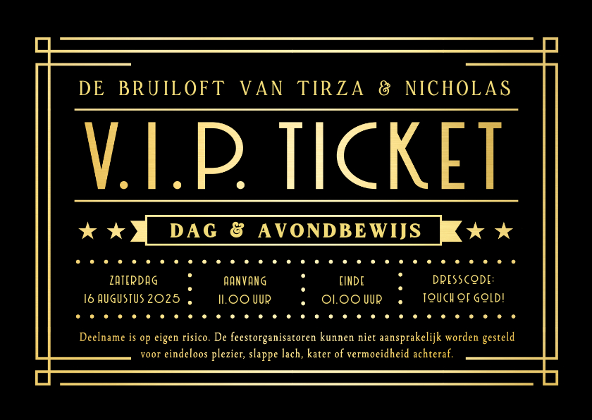 Trouwkaarten - Originele VIP-ticket uitnodiging bruiloft met zwart en goud