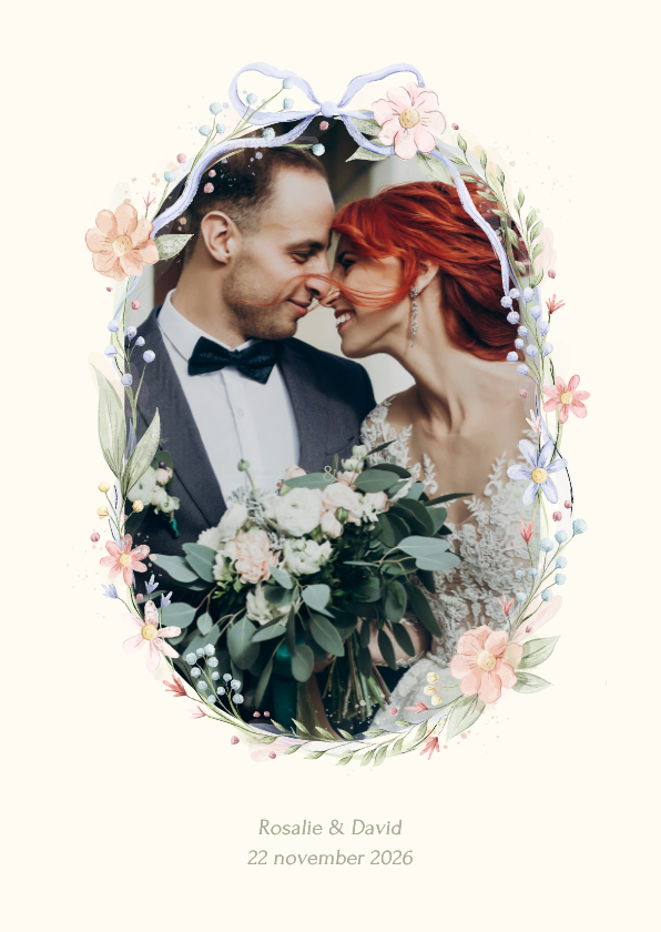Romantische bedankkaart strik met foto en aquarel bloemen - Trouwkaarten Trouwkaarten - Romantische bedankkaart strik met foto en aquarel bloemen