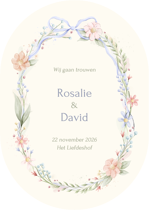 Trouwkaarten - Romantische ovale trouwkaart strik met aquarel bloemen