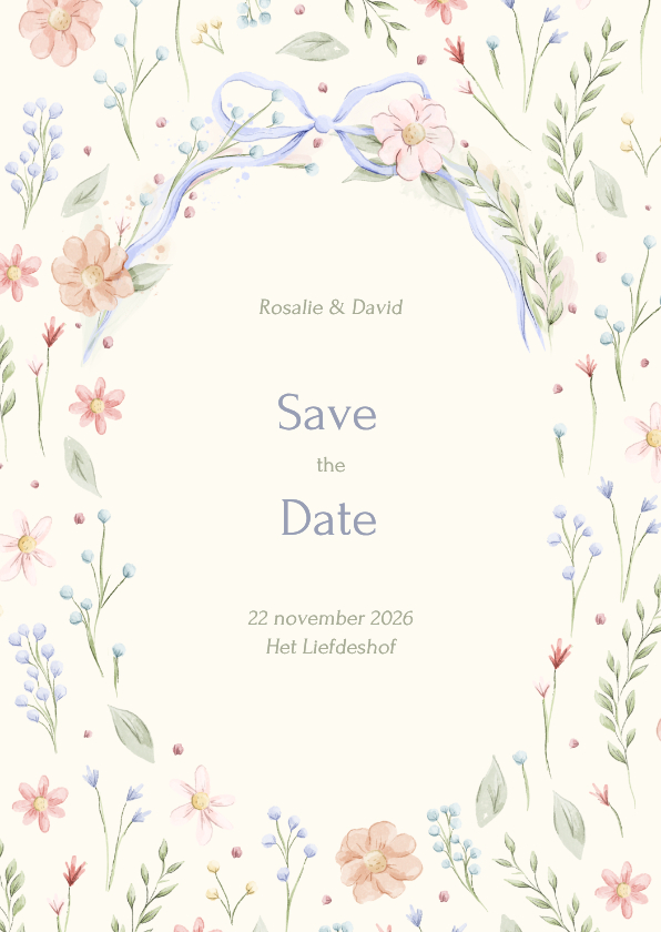 Romantische save the date kaart strik met aquarel bloemen - Trouwkaarten Trouwkaarten - Romantische save the date kaart strik met aquarel bloemen