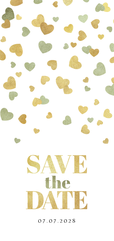 Trouwkaarten - Romantische save the date uitnodiging hartjes goud groen