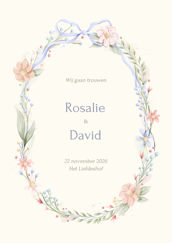 Romantische trouwkaart strik met aquarel bloemen - Trouwkaarten Trouwkaarten - Romantische trouwkaart strik met aquarel bloemen