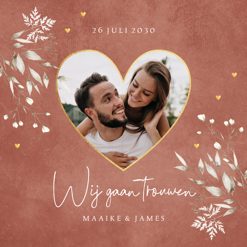 Romantische trouwkaart terracotta botanisch foto hartje - Trouwkaarten Trouwkaarten - Romantische trouwkaart terracotta botanisch foto hartje