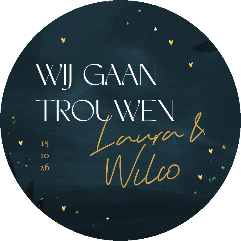 Ronde donkerblauwe trouwkaart met gouden hartjes - Trouwkaarten Trouwkaarten - Ronde donkerblauwe trouwkaart met gouden hartjes