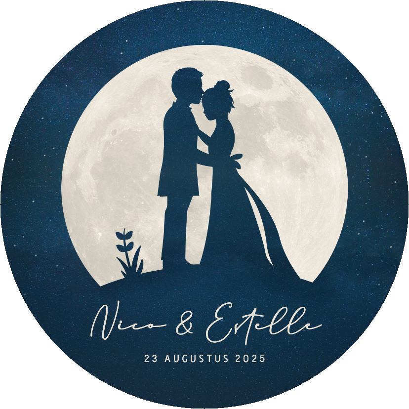 Ronde trouwkaart volle maan met silhouet bruidspaar - Trouwkaarten Trouwkaarten - Ronde trouwkaart volle maan met silhouet bruidspaar
