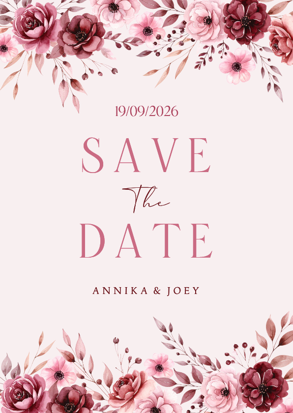 Roze save the date kaart met klassieke waterverf bloemen - Trouwkaarten Trouwkaarten - Roze save the date kaart met klassieke waterverf bloemen