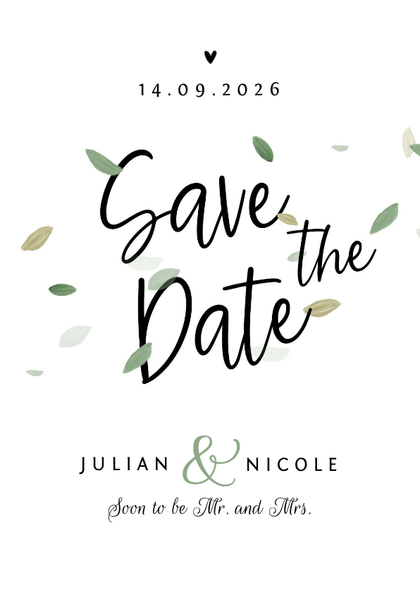 Trouwkaarten - Save te date trouwkaart eco blaadjes stijlvol hartjes