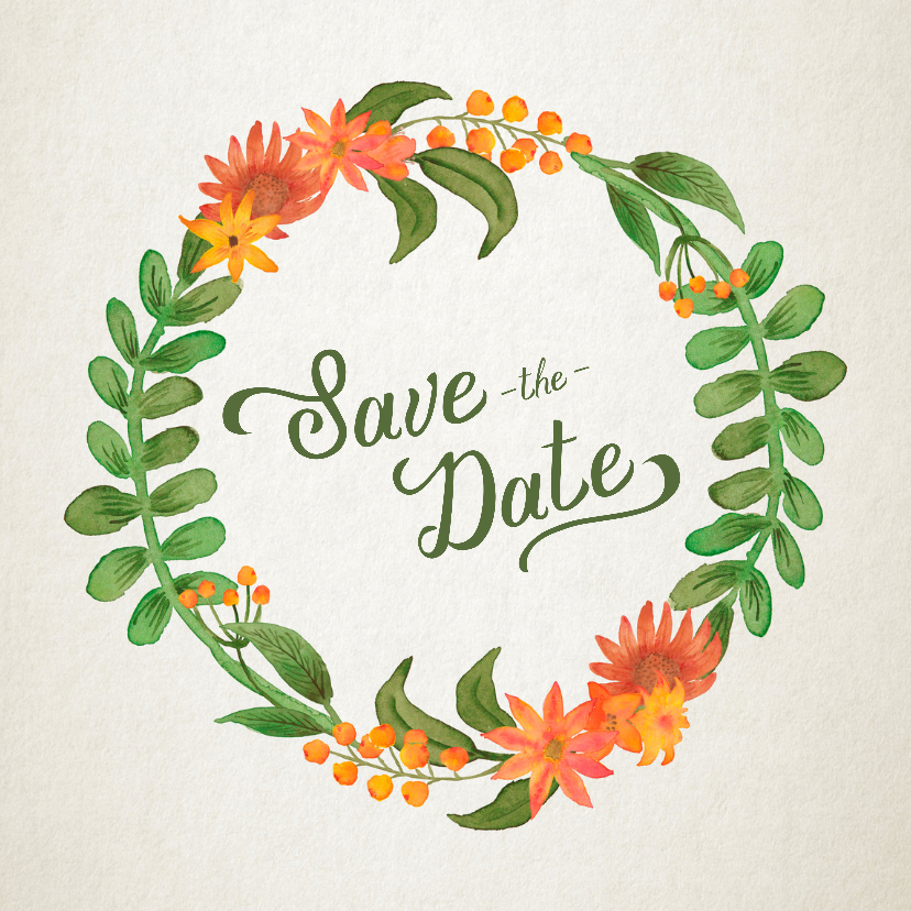Save the Date bloemenkrans retro - Trouwkaarten Trouwkaarten - Save the Date bloemenkrans retro