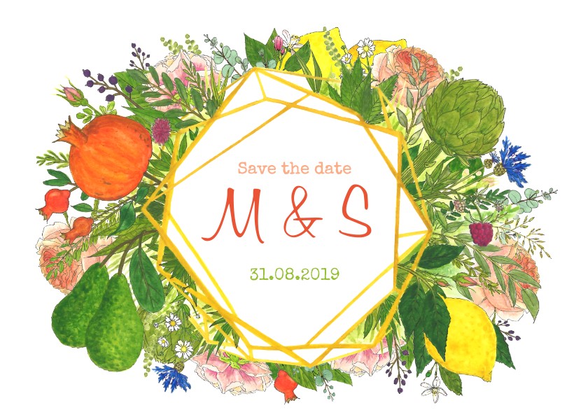 Save the date botanische kristal met bloemen en fruit - Trouwkaarten Trouwkaarten - Save the date botanische kristal met bloemen en fruit