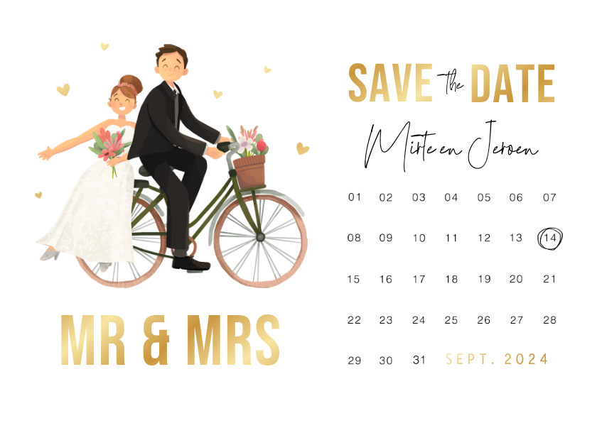 Trouwkaarten - Save the date cartoon bruidspaar fiets kalender mr mrs 