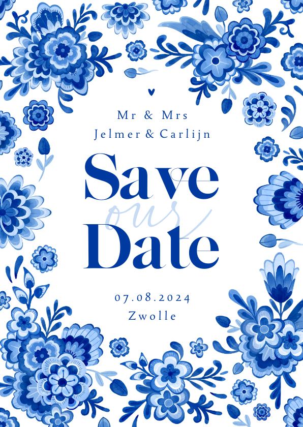 Trouwkaarten - Save the date Delfts blauw bloemen stijlvol romantisch