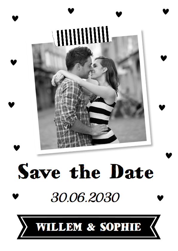 Save the Date foto hartjes zwart wit - Trouwkaarten Trouwkaarten - Save the Date foto hartjes zwart wit