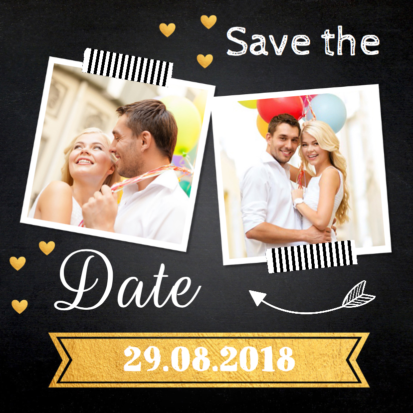 Save the Date foto krijtbord hartjes goud - Trouwkaarten Trouwkaarten - Save the Date foto krijtbord hartjes goud