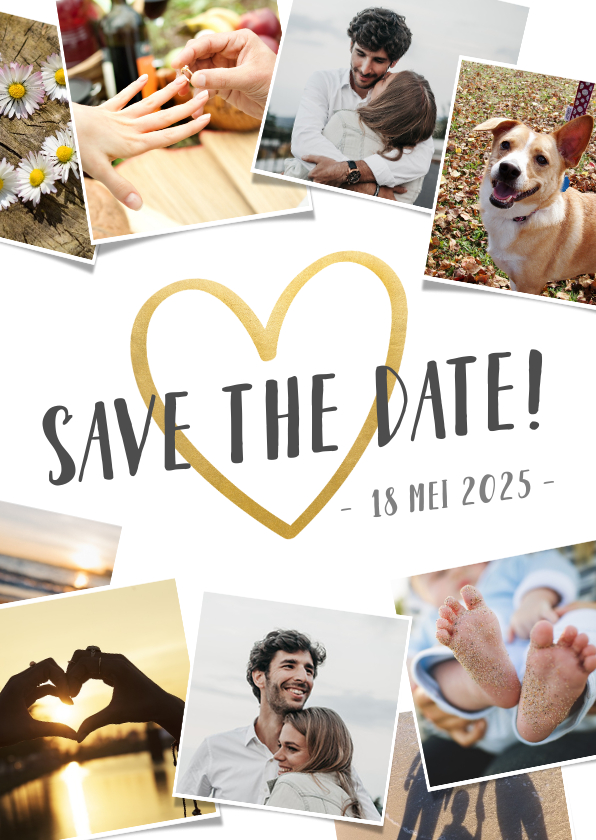 Save the Date fotocollage kaart en gouden hart