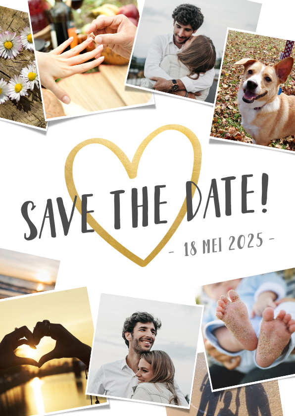 Save the Date fotocollage kaart en gouden hart Save the Date fotocollage kaart en gouden hart