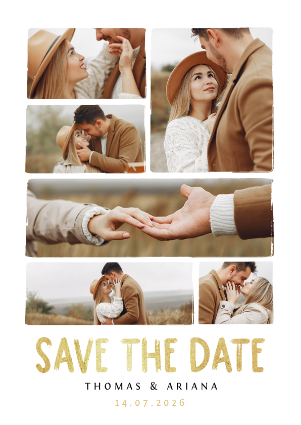 Save the date fotocollage trouwkaart met gouden tekst - Trouwkaarten Trouwkaarten - Save the date fotocollage trouwkaart met gouden tekst