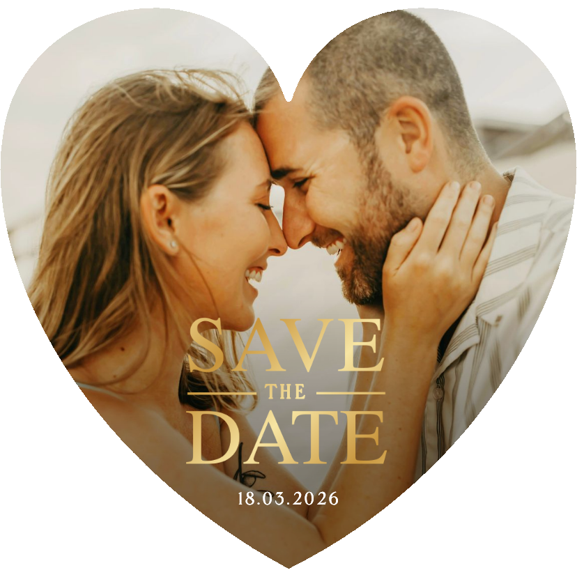 Save the Date fotokaart in hartvorm met gouden letters - Trouwkaarten Trouwkaarten - Save the Date fotokaart in hartvorm met gouden letters