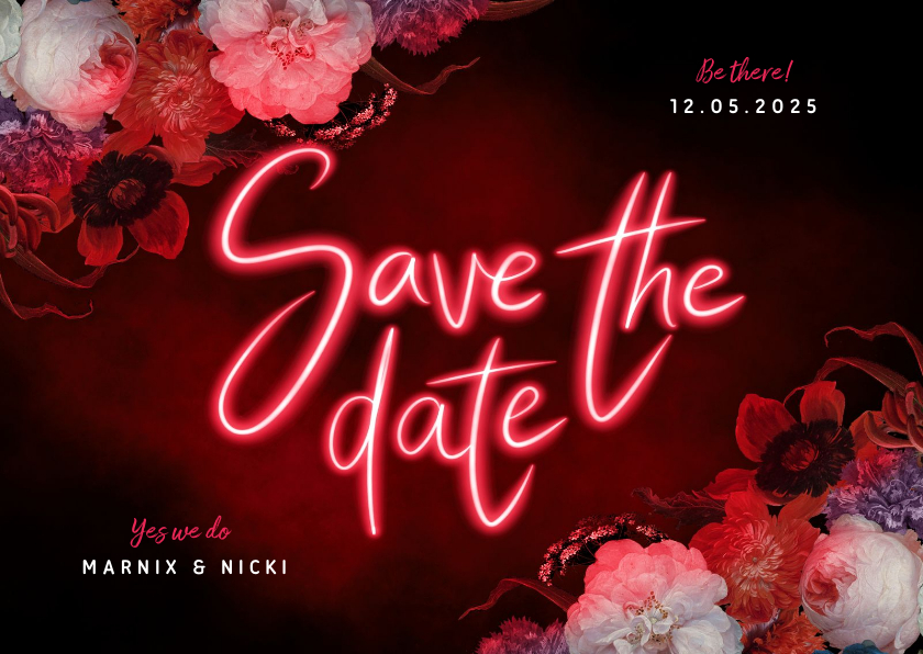 Trouwkaarten - Save the date hip neon bloemen