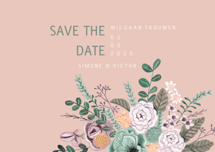 Trouwkaarten - Save the Date kaart blush botanisch bloemen