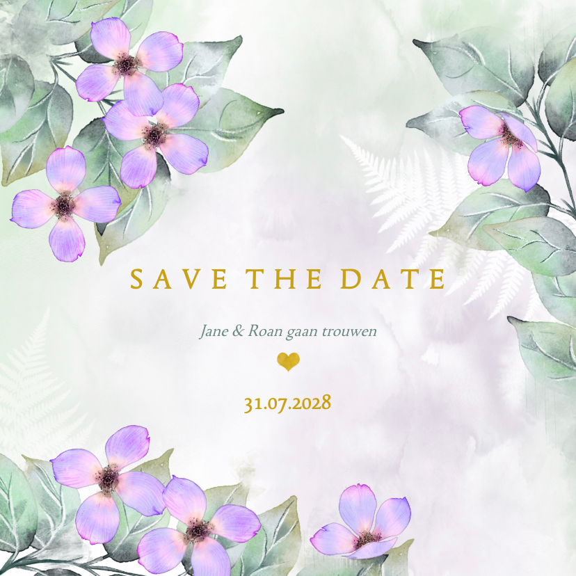 Trouwkaarten - Save the date kaart botanisch lila-roze bloemen