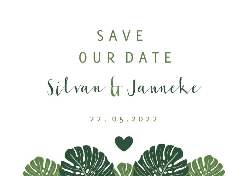 Save the date kaart botanisch met grote bladeren - Trouwkaarten Trouwkaarten - Save the date kaart botanisch met grote bladeren