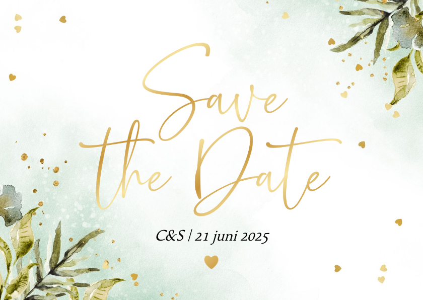 Trouwkaarten - Save the date kaart botanisch watercolor hartjes goud