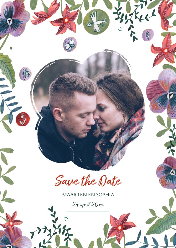 Save the Date kaart botanische bloemen - Trouwkaarten Trouwkaarten - Save the Date kaart botanische bloemen