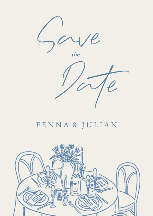 Trouwkaarten - Save the Date kaart doodle tekening gedekte tafel