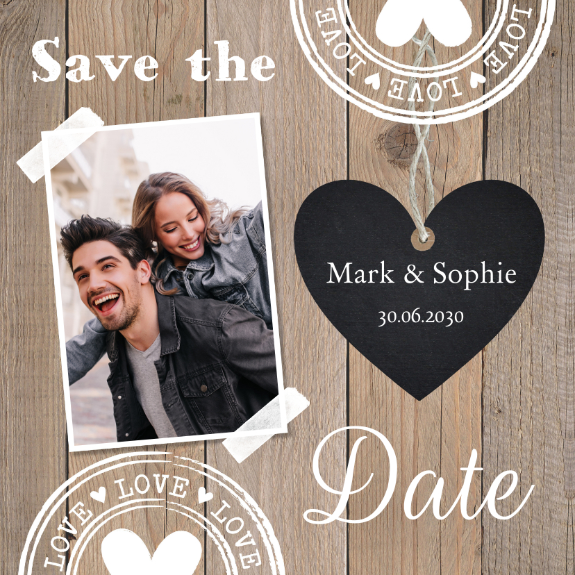 Trouwkaarten - Save the Date kaart foto houtlook hartje