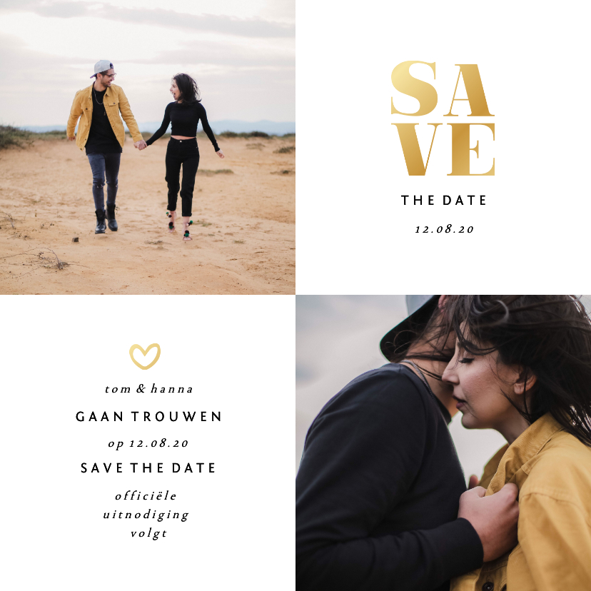 Trouwkaarten - Save the date kaart gouden accenten met foto's vierkant