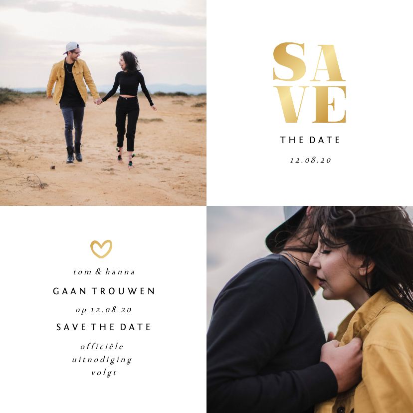 Save the date kaart gouden accenten met foto's vierkant - Trouwkaarten Trouwkaarten - Save the date kaart gouden accenten met foto's vierkant
