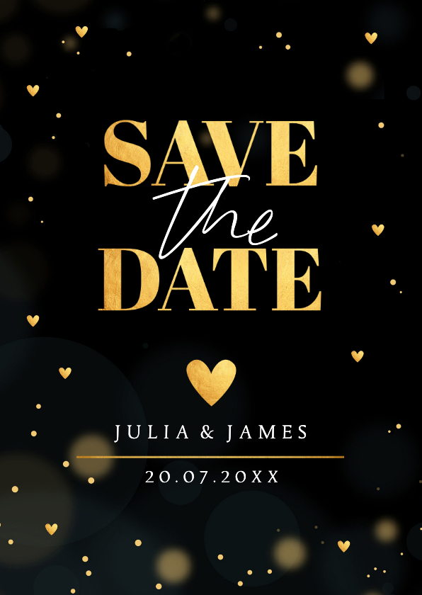 Trouwkaarten - Save the Date kaart goudlook zwart hartjes typografie