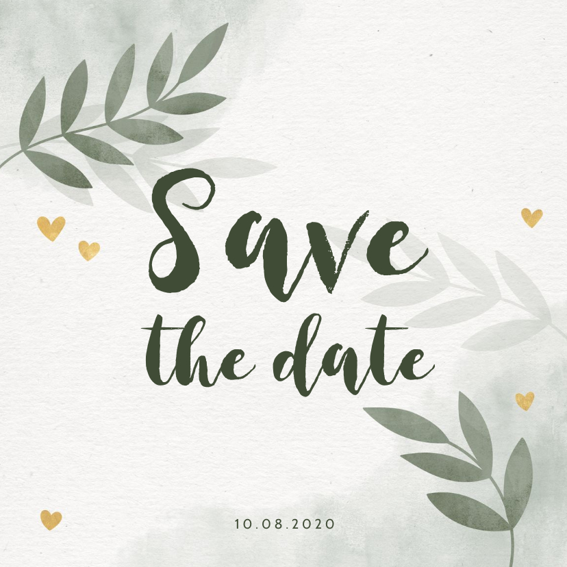 Save the date kaart groen waterverf takjes gouden hartjes - Trouwkaarten Trouwkaarten - Save the date kaart groen waterverf takjes gouden hartjes