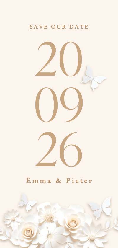 Save the date kaart grote datum met stijlvolle witte bloemen - Trouwkaarten Trouwkaarten - Save the date kaart grote datum met stijlvolle witte bloemen