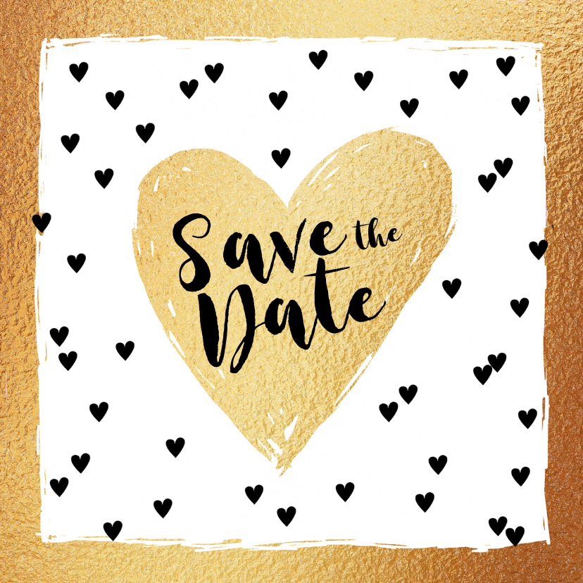 Save the Date kaart hartjes goud en zwartwit