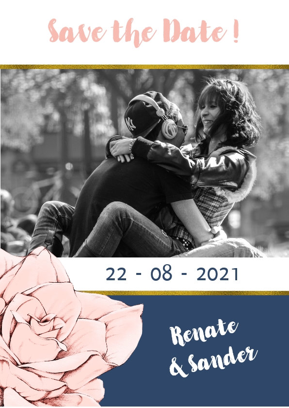 Save the Date kaart in navyblue en goud, met roos en foto - Trouwkaarten Trouwkaarten - Save the Date kaart in navyblue en goud, met roos en foto